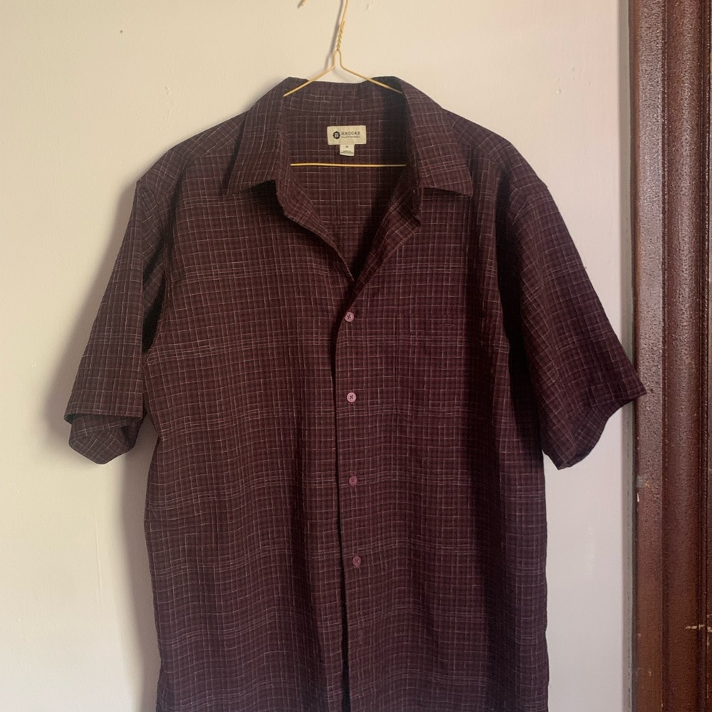 Haggar Men's Dark Burgundy Plaid Button Down Short Sleeve Shirt